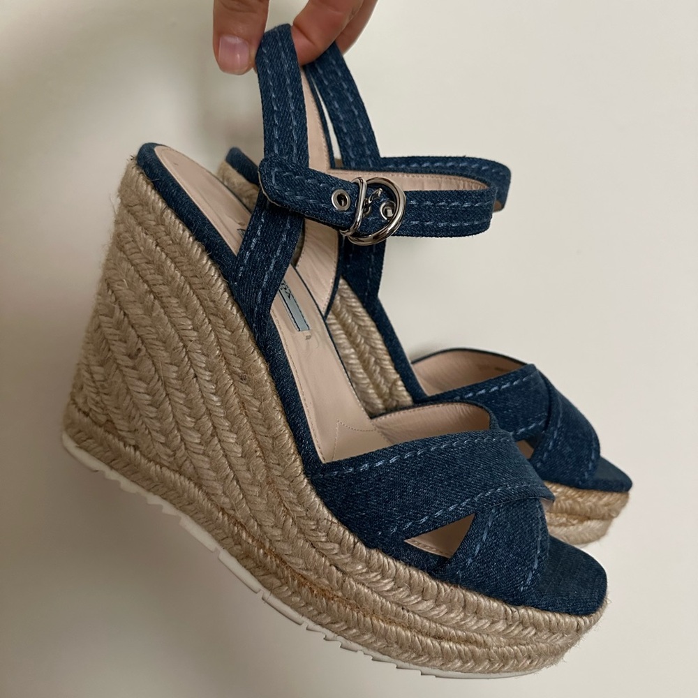Prada Blue Denim Espadrille Wedges